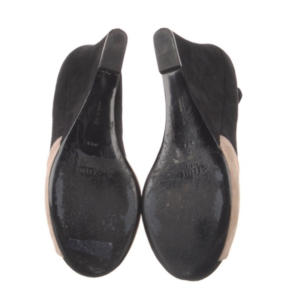 Celine Suede Black Tan Color Block Mary Jane Peep Toe Wedge Pumps Size 39.5 - Picture 5 of 6